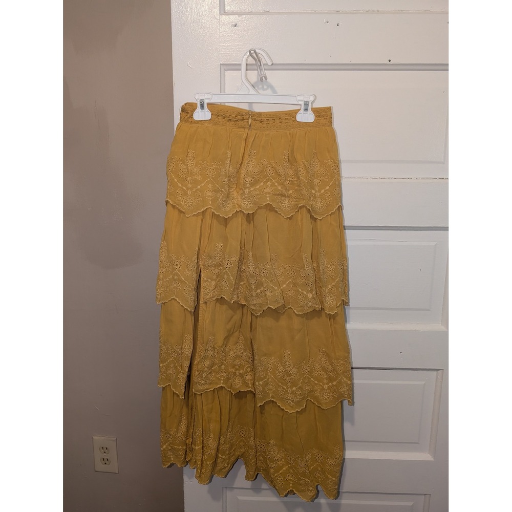 Anthropologie Tiered Eyelet Maxi Skirt Mustard Yellow Boho Scalloped Size 00